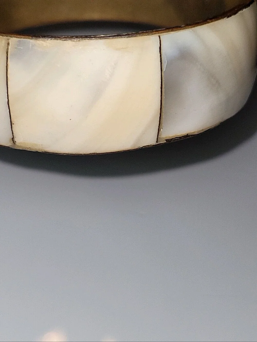 Vintage Handmade Brass Mother of Pearl Wide Bangle Bracelet 7.5